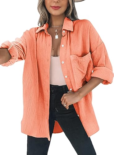 Dokotoo Bluse Damen Musselin Langarmshirt Baumwolle Lässig Oberteile Hemd Langarm Einfarbig Tops Farbblock Shirts Hemdjacke S-XXL