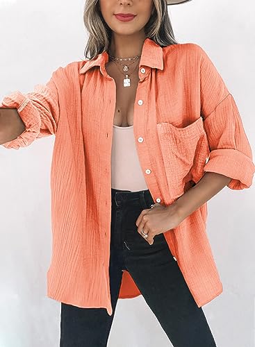 Dokotoo Bluse Damen Musselin Langarmshirt Baumwolle Lässig Oberteile Hemd Langarm Einfarbig Tops Farbblock Shirts Hemdjacke S-XXL