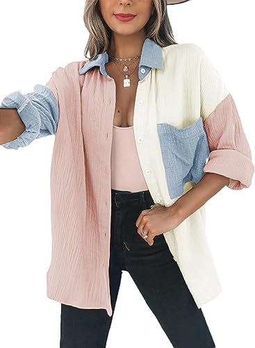 Dokotoo Bluse Damen Musselin Langarmshirt Baumwolle Lässig Oberteile Hemd Langarm Einfarbig Tops Farbblock Shirts Hemdjacke S-XXL