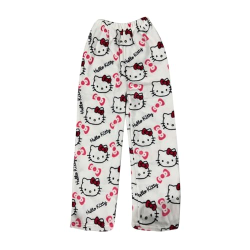 Hello Kἰtty Damen Schlafanzughose Hosen Lang Flanell Pyjama Hose Damen Schlafhose Weich Kawaii Pyjamas Anime Bequeme Warme Pyjamahose Lounge Hose Ideal zum Schlafen Warmes Geschenk für sie