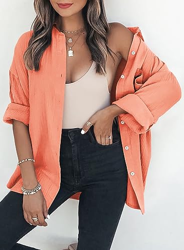 Dokotoo Bluse Damen Musselin Langarmshirt Baumwolle Lässig Oberteile Hemd Langarm Einfarbig Tops Farbblock Shirts Hemdjacke S-XXL