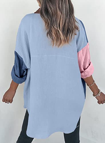 Dokotoo Bluse Damen Musselin Langarmshirt Baumwolle Lässig Oberteile Hemd Langarm Einfarbig Tops Farbblock Shirts Hemdjacke S-XXL