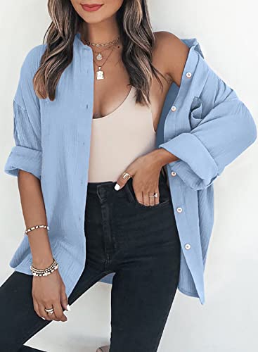 Dokotoo Bluse Damen Musselin Langarmshirt Baumwolle Lässig Oberteile Hemd Langarm Einfarbig Tops Farbblock Shirts Hemdjacke S-XXL