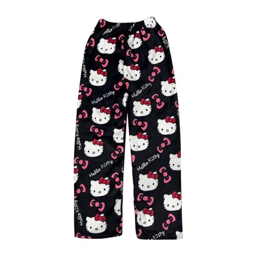 Hello Kἰtty Damen Schlafanzughose Hosen Lang Flanell Pyjama Hose Damen Schlafhose Weich Kawaii Pyjamas Anime Bequeme Warme Pyjamahose Lounge Hose Ideal zum Schlafen Warmes Geschenk für sie