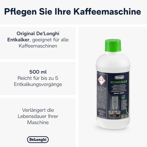 De'Longhi Original EcoDecalk DLSC 500 – Entkalker für Kaffeemaschinen & Kaffeevollautomaten, Universal Kalklöser für 5 Entkalkungsvorgänge, 500 ml, Weiß