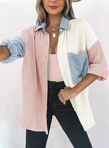 Dokotoo Bluse Damen Musselin Langarmshirt Baumwolle Lässig Oberteile Hemd Langarm Einfarbig Tops Farbblock Shirts Hemdjacke S-XXL