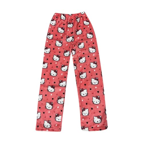 Hello Kἰtty Damen Schlafanzughose Hosen Lang Flanell Pyjama Hose Damen Schlafhose Weich Kawaii Pyjamas Anime Bequeme Warme Pyjamahose Lounge Hose Ideal zum Schlafen Warmes Geschenk für sie