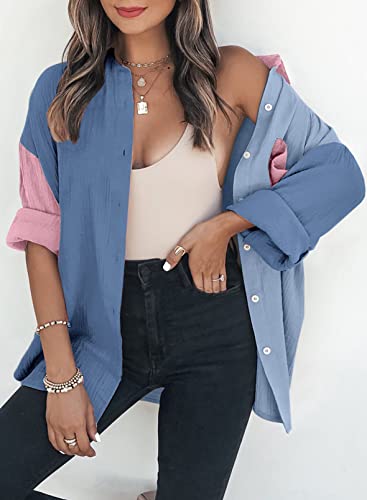 Dokotoo Bluse Damen Musselin Langarmshirt Baumwolle Lässig Oberteile Hemd Langarm Einfarbig Tops Farbblock Shirts Hemdjacke S-XXL