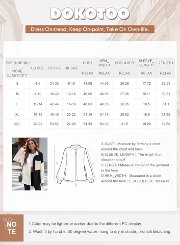 Dokotoo Bluse Damen Musselin Langarmshirt Baumwolle Lässig Oberteile Hemd Langarm Einfarbig Tops Farbblock Shirts Hemdjacke S-XXL