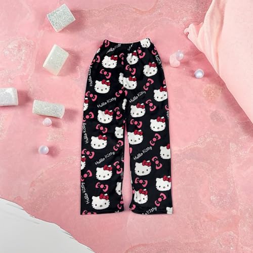 Hello Kἰtty Damen Schlafanzughose Hosen Lang Flanell Pyjama Hose Damen Schlafhose Weich Kawaii Pyjamas Anime Bequeme Warme Pyjamahose Lounge Hose Ideal zum Schlafen Warmes Geschenk für sie