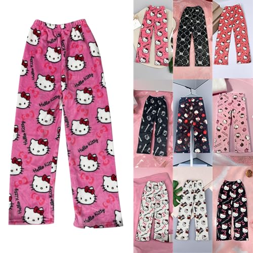 Hello Kἰtty Damen Schlafanzughose Hosen Lang Flanell Pyjama Hose Damen Schlafhose Weich Kawaii Pyjamas Anime Bequeme Warme Pyjamahose Lounge Hose Ideal zum Schlafen Warmes Geschenk für sie