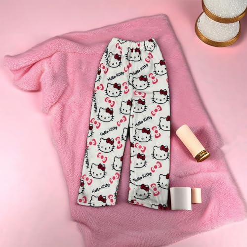 Hello Kἰtty Damen Schlafanzughose Hosen Lang Flanell Pyjama Hose Damen Schlafhose Weich Kawaii Pyjamas Anime Bequeme Warme Pyjamahose Lounge Hose Ideal zum Schlafen Warmes Geschenk für sie