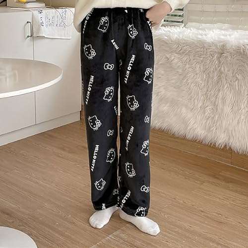 Hello Kἰtty Damen Schlafanzughose Hosen Lang Flanell Pyjama Hose Damen Schlafhose Weich Kawaii Pyjamas Anime Bequeme Warme Pyjamahose Lounge Hose Ideal zum Schlafen Warmes Geschenk für sie