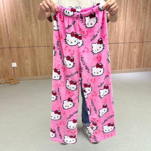 Hello Kἰtty Damen Schlafanzughose Hosen Lang Flanell Pyjama Hose Damen Schlafhose Weich Kawaii Pyjamas Anime Bequeme Warme Pyjamahose Lounge Hose Ideal zum Schlafen Warmes Geschenk für sie