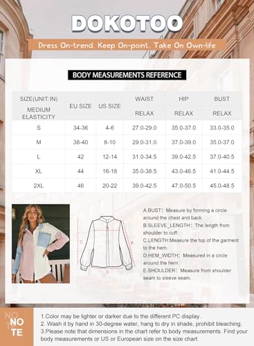 Dokotoo Bluse Damen Musselin Langarmshirt Baumwolle Lässig Oberteile Hemd Langarm Einfarbig Tops Farbblock Shirts Hemdjacke S-XXL