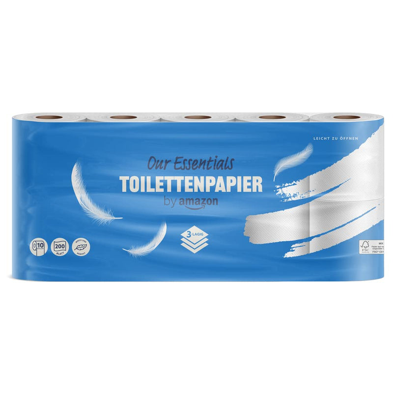 by Amazon Toilettenpapier, 3-lagig, 10 Rollen (10 Rollen, 1-er Pack) 200 Blätter pro Rolle, FSC-Zertifiziert