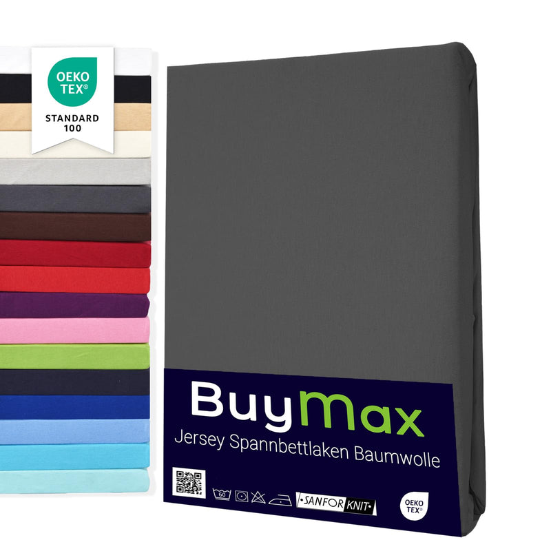 Buymax Spannbettlaken 140x200cm Baumwolle 100% Spannbetttuch Bettlaken Jersey, Matratzenhöhe bis 25 cm, Farbe Anthrazit-Grau ÖKO TEX Standard