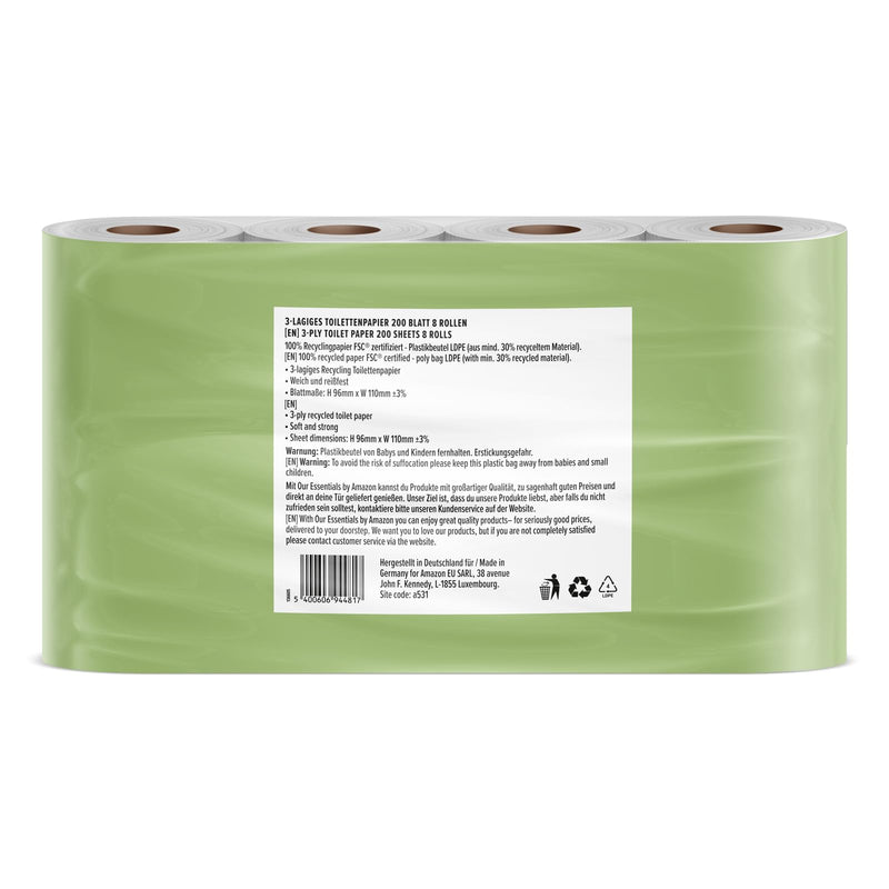 by Amazon Toilettenpapier, 3-lagig, 10 Rollen (10 Rollen, 1-er Pack) 200 Blätter pro Rolle, FSC-Zertifiziert