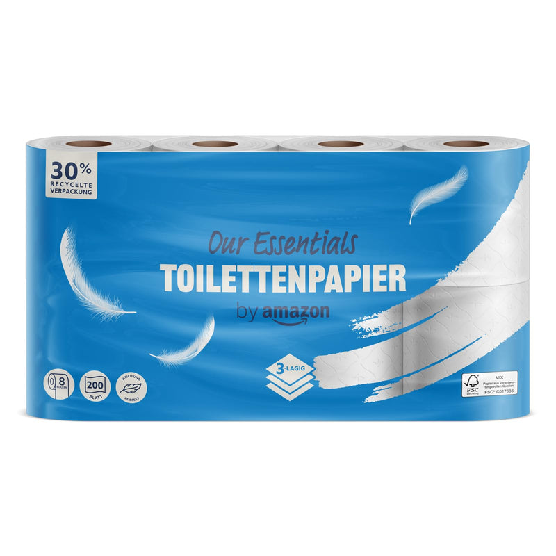 by Amazon Toilettenpapier, 3-lagig, 10 Rollen (10 Rollen, 1-er Pack) 200 Blätter pro Rolle, FSC-Zertifiziert