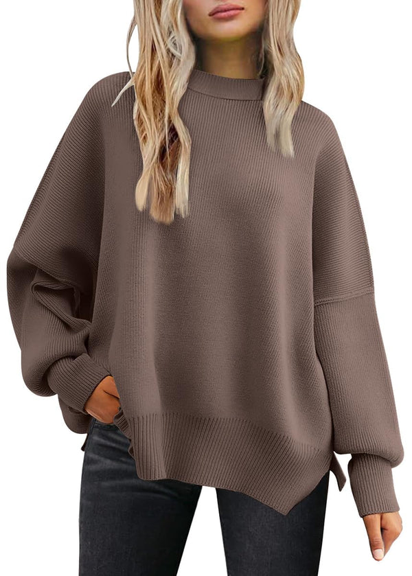 Tincini Pullover Damen Strickpullover Winter Rundhals Pulli Herbst Lose Sweatshirt Warm Fledermaus Langarmshirt aus Strick Seitlichem Schlitz Oberteile