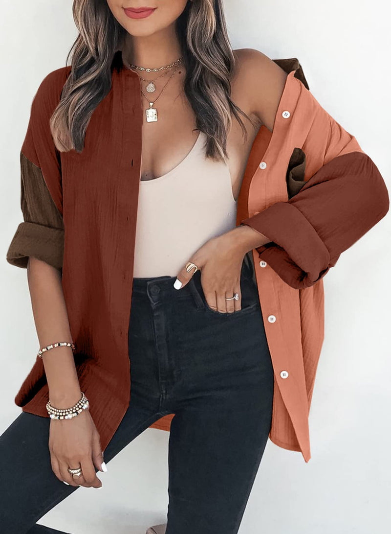 Dokotoo Bluse Damen Musselin Langarmshirt Baumwolle Lässig Oberteile Hemd Langarm Einfarbig Tops Farbblock Shirts Hemdjacke S-XXL