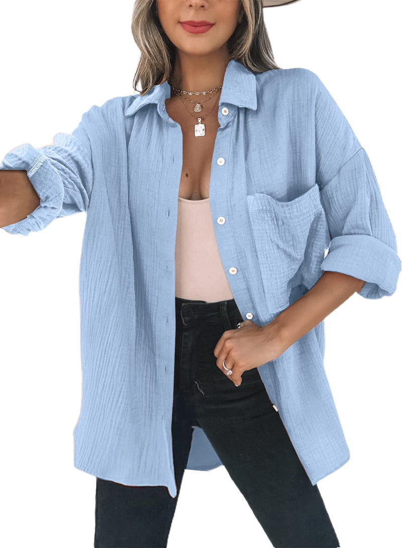 Dokotoo Bluse Damen Musselin Langarmshirt Baumwolle Lässig Oberteile Hemd Langarm Einfarbig Tops Farbblock Shirts Hemdjacke S-XXL