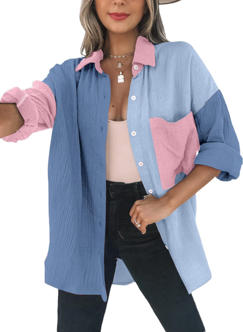 Dokotoo Bluse Damen Musselin Langarmshirt Baumwolle Lässig Oberteile Hemd Langarm Einfarbig Tops Farbblock Shirts Hemdjacke S-XXL