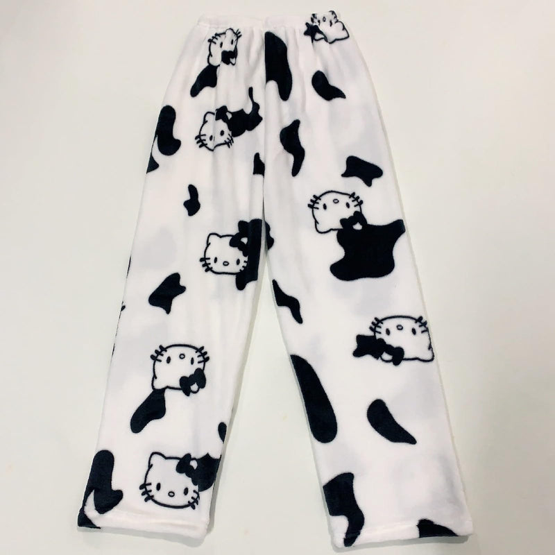 Hello Kἰtty Damen Schlafanzughose Hosen Lang Flanell Pyjama Hose Damen Schlafhose Weich Kawaii Pyjamas Anime Bequeme Warme Pyjamahose Lounge Hose Ideal zum Schlafen Warmes Geschenk für sie