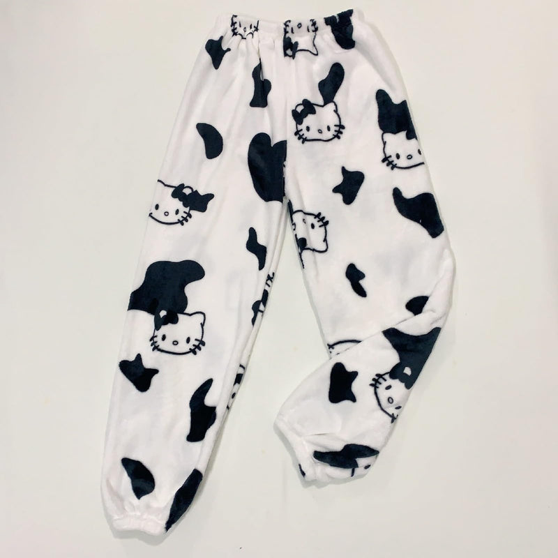 Hello Kἰtty Damen Schlafanzughose Hosen Lang Flanell Pyjama Hose Damen Schlafhose Weich Kawaii Pyjamas Anime Bequeme Warme Pyjamahose Lounge Hose Ideal zum Schlafen Warmes Geschenk für sie