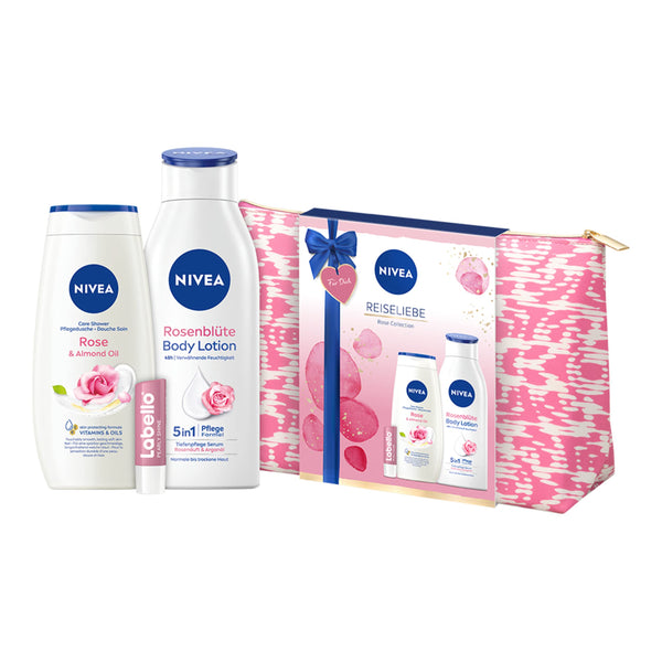 NIVEA Reiseliebe Geschenkset für Frauen, verwöhnendes Beauty Set mit feuchtigkeitsspendenden Pflegeprodukten, Pflegeset mit Duschgel, Body Lotion und mehr, Kosmetik Set mit Kulturtasche