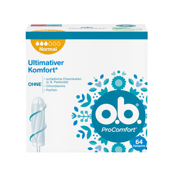 o.b. Tampon, ProComfort Normal, für mittlere bis stärkere Tage, ultimativer Komfort* und zuverlässiger Schutz, 64 Stück, "Verpackung kann abweichen"