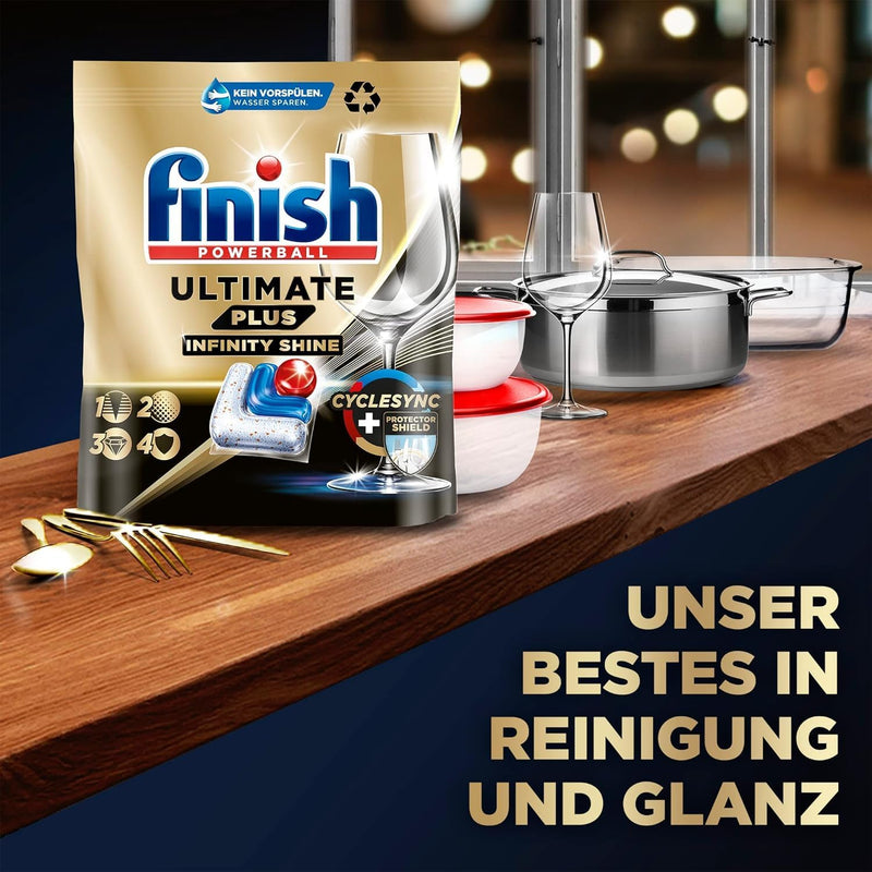 Finish Ultimate Plus Infinity Shine Spülmaschinentabs – Geschirrspültabs für intensive Reinigung, Fettlösekraft und Glanz mit Schutzschild – 73 Caps