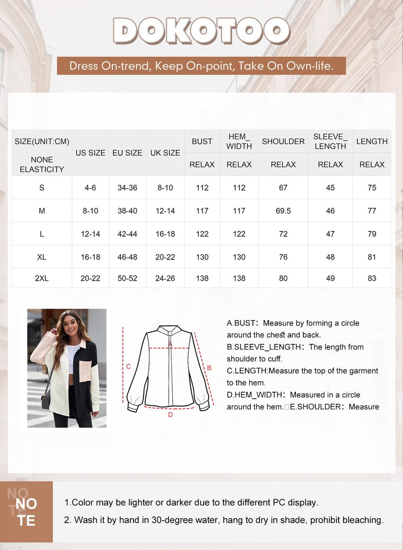 Dokotoo Bluse Damen Musselin Langarmshirt Baumwolle Lässig Oberteile Hemd Langarm Einfarbig Tops Farbblock Shirts Hemdjacke S-XXL