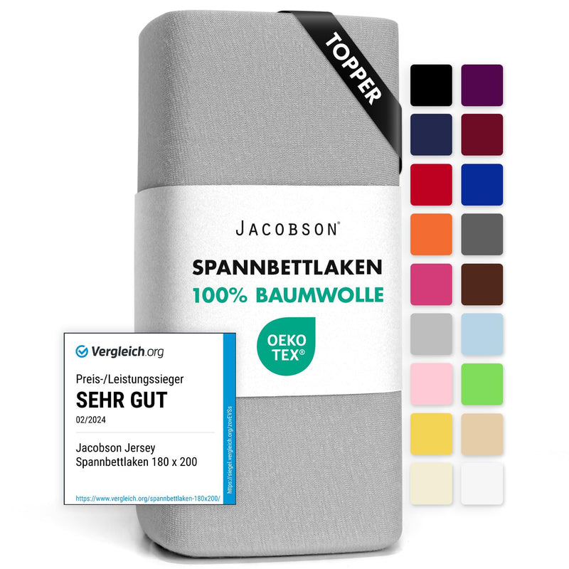 Jacobson Jersey Spannbettlaken Spannbetttuch Baumwolle Bettlaken (180x200-200x200 cm, Grau)