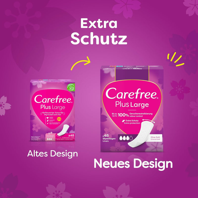 Carefree Slipeinlagen Plus Large mit leichtem Duft (48 Stück), super saugstarke & extra breite Slipeinlagen, um Flüssigkeiten sofort einzuschließen, Größe Large