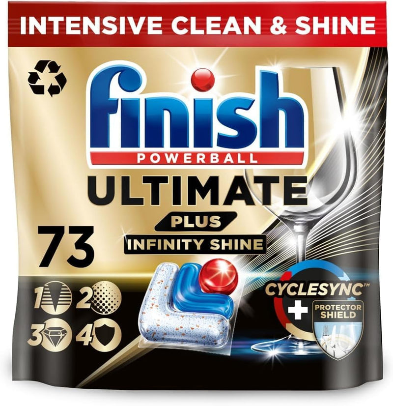 Finish Ultimate Plus Infinity Shine Spülmaschinentabs – Geschirrspültabs für intensive Reinigung, Fettlösekraft und Glanz mit Schutzschild – 73 Caps