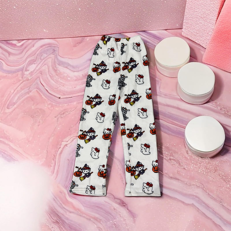 Hello Kἰtty Damen Schlafanzughose Hosen Lang Flanell Pyjama Hose Damen Schlafhose Weich Kawaii Pyjamas Anime Bequeme Warme Pyjamahose Lounge Hose Ideal zum Schlafen Warmes Geschenk für sie