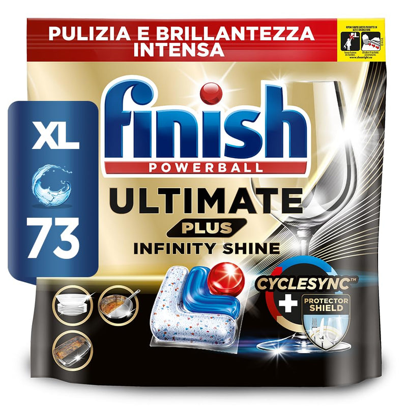 Finish Ultimate Plus Infinity Shine Spülmaschinentabs – Geschirrspültabs für intensive Reinigung, Fettlösekraft und Glanz mit Schutzschild – 73 Caps