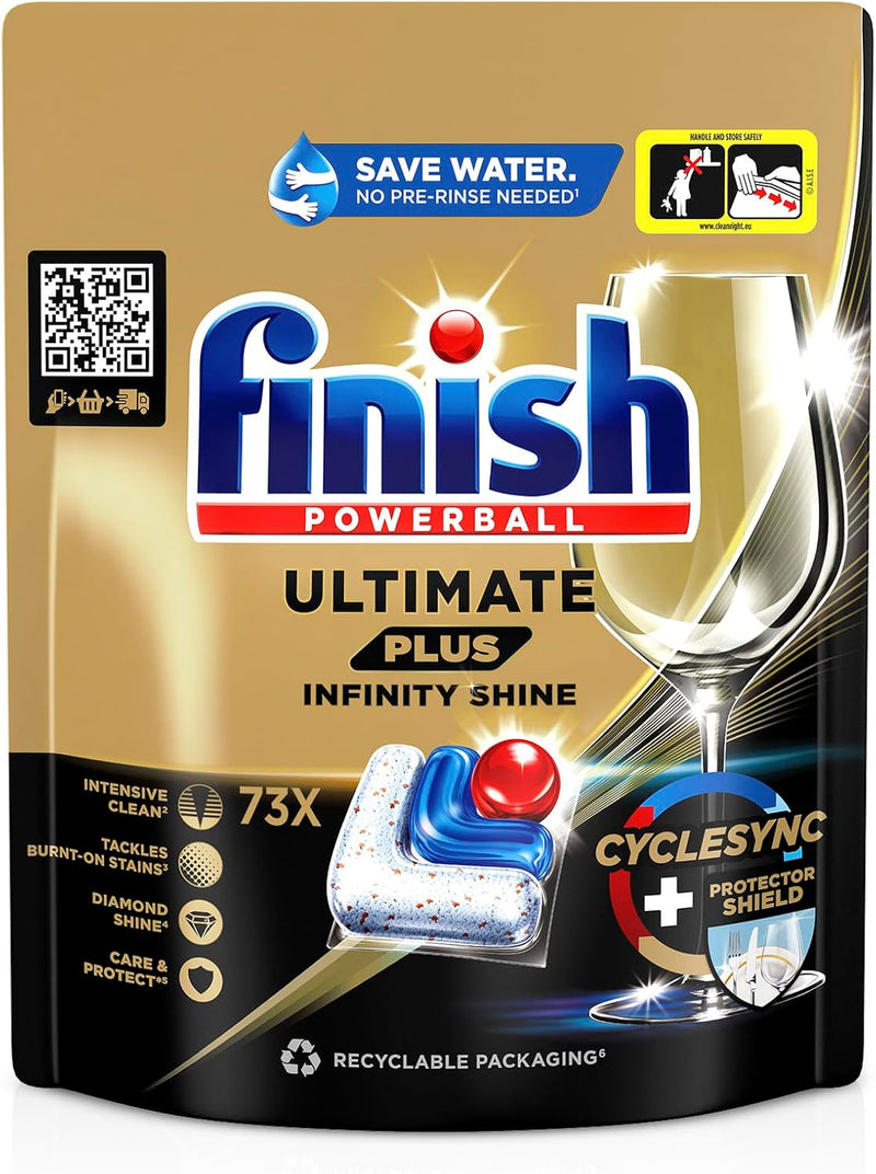 Finish Ultimate Plus Infinity Shine Spülmaschinentabs – Geschirrspültabs für intensive Reinigung, Fettlösekraft und Glanz mit Schutzschild – 73 Caps