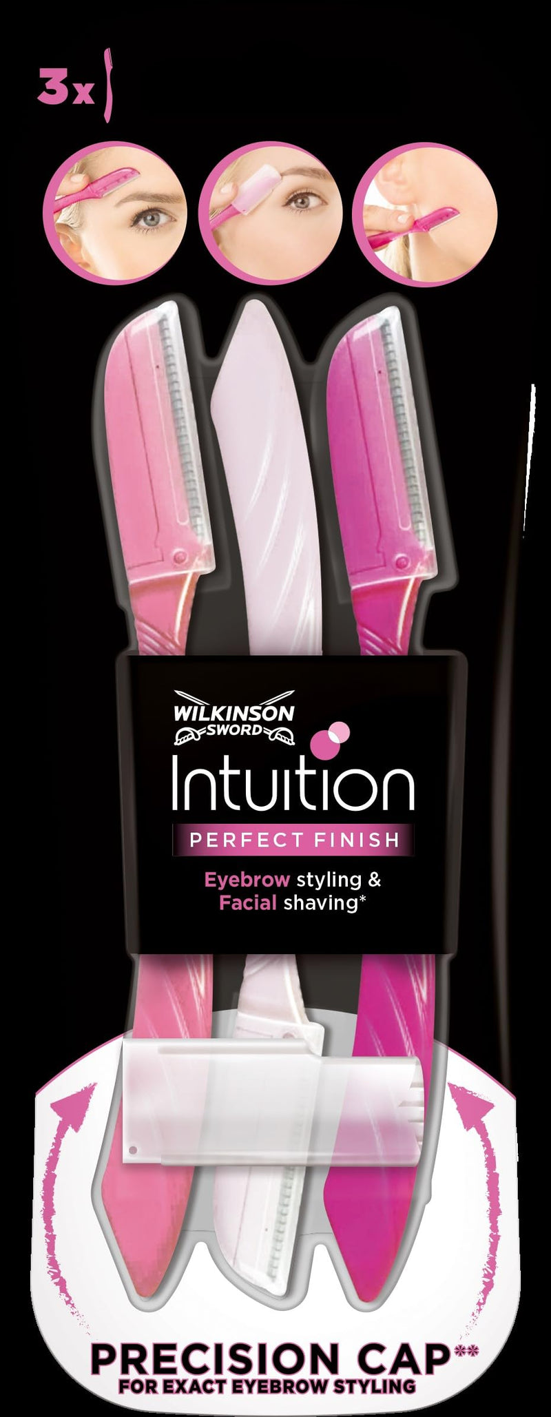 WILKINSON SWORD – Intuition Augenbrauenformer für Frauen | Gesichtshaarentferner und -trimmer | Peeling-Dermaplaning-Tool | Packung mit 3 Einwegrasierern