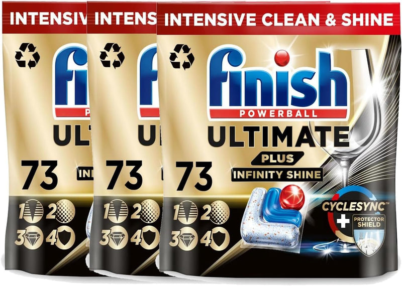 Finish Ultimate Plus Infinity Shine Spülmaschinentabs – Geschirrspültabs für intensive Reinigung, Fettlösekraft und Glanz mit Schutzschild – 73 Caps