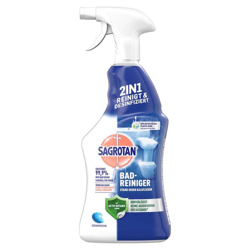 Sagrotan Bad-Reiniger Ozeanfrische – 2in1 Desinfektionsreiniger mit Antischmutzfilm für zuverlässige Hygiene im Badezimmer – 1 x 750 ml Sprühflasche(Das Produktdesign kann abweichen.)