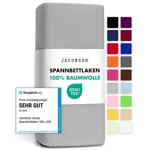 Jacobson Jersey Spannbettlaken Spannbetttuch Baumwolle Bettlaken (180x200-200x200 cm, Grau)