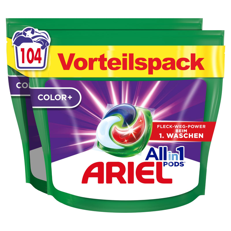 Ariel Waschmittel Pods All-in-1, Color+ Flüssigwaschmittel, 104 (2x52) Waschladungen, Kraftvolle Fleckenentfernung In Nur 1 Waschgang