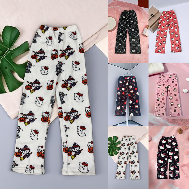 Hello Kἰtty Damen Schlafanzughose Hosen Lang Flanell Pyjama Hose Damen Schlafhose Weich Kawaii Pyjamas Anime Bequeme Warme Pyjamahose Lounge Hose Ideal zum Schlafen Warmes Geschenk für sie