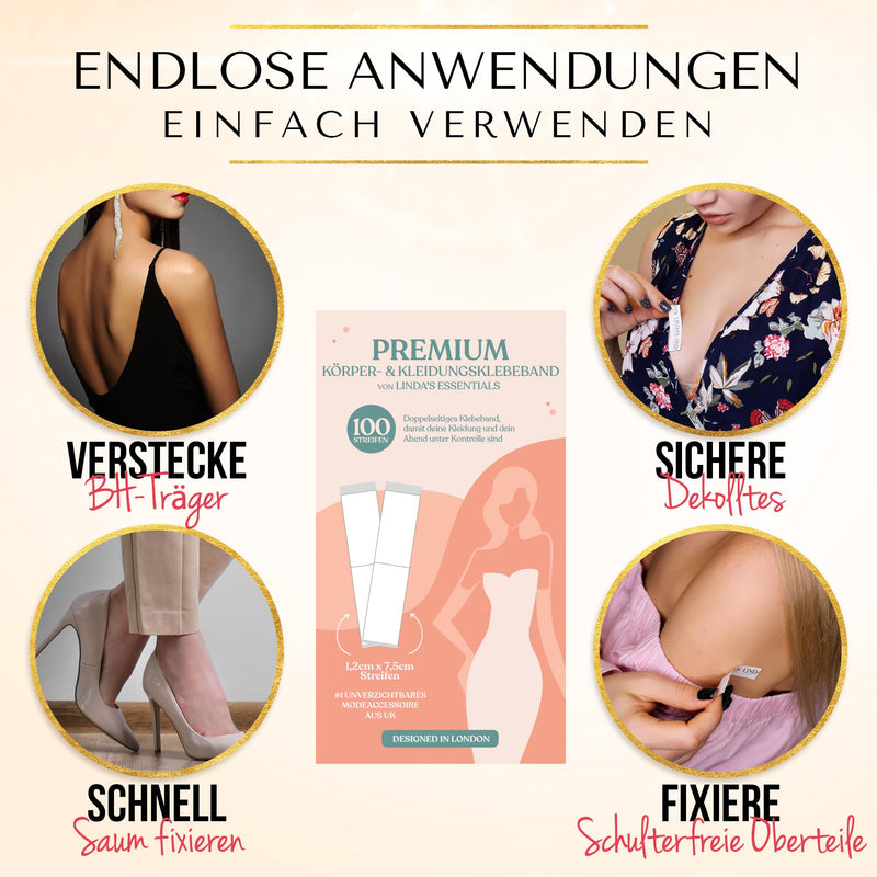 Linda's Essentials Fashion Tape doppelseitiges Klebeband für Körper und Kleidung, transparentes Body Tape, geeignet für alle Stoffarten und empfindliche Haut, selbstklebend mit starkem Halt,